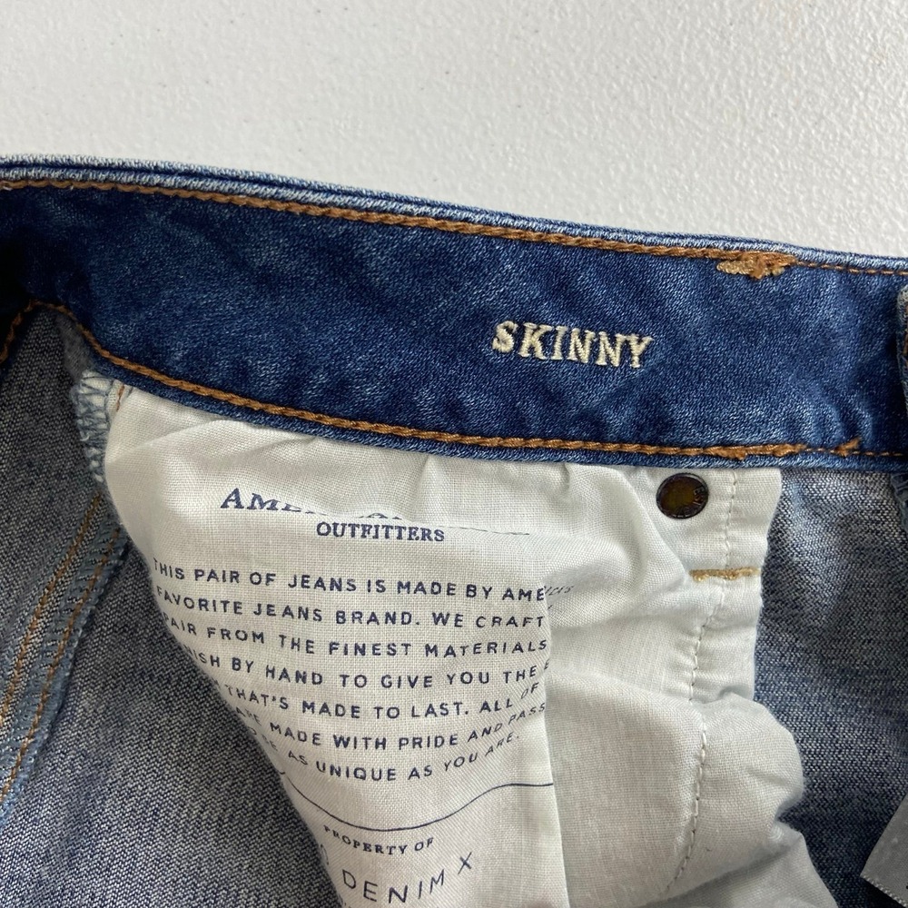 American Eagle‎ women's dark medium wash ripped skinny super stretch jeans 10 - Picture 7 of 9